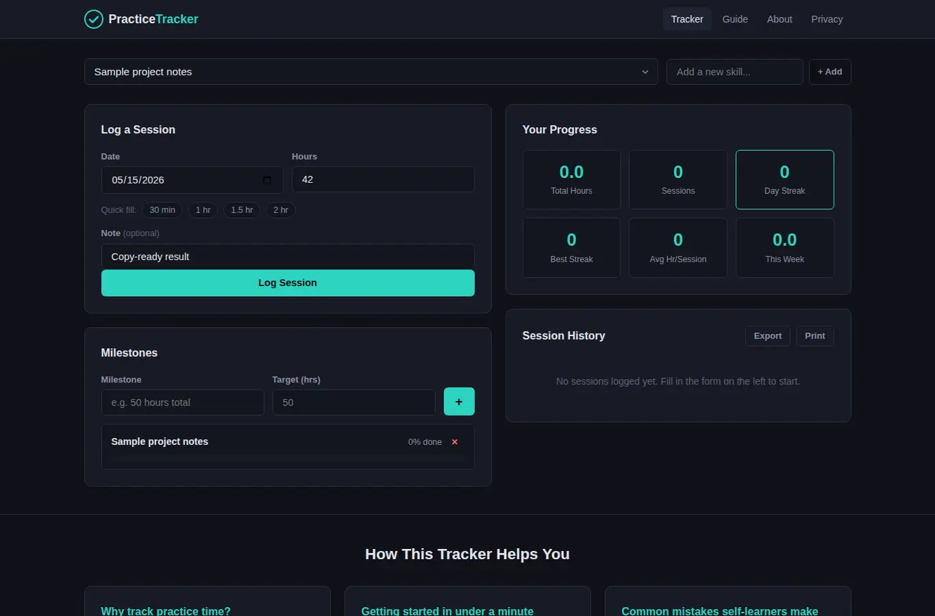 Screenshot of Skill Practice Tracker – Log Hours, Goals, and Milestones interface showing the project page in use